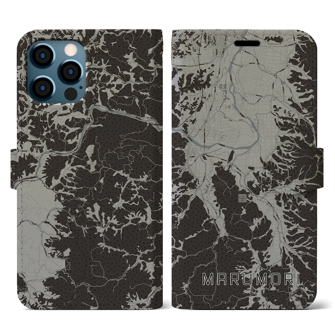 【丸森(宮城県)】地図柄iPhoneケース(手帳タイプ)モノトーン・iPhone 12 / 12 Pro 用