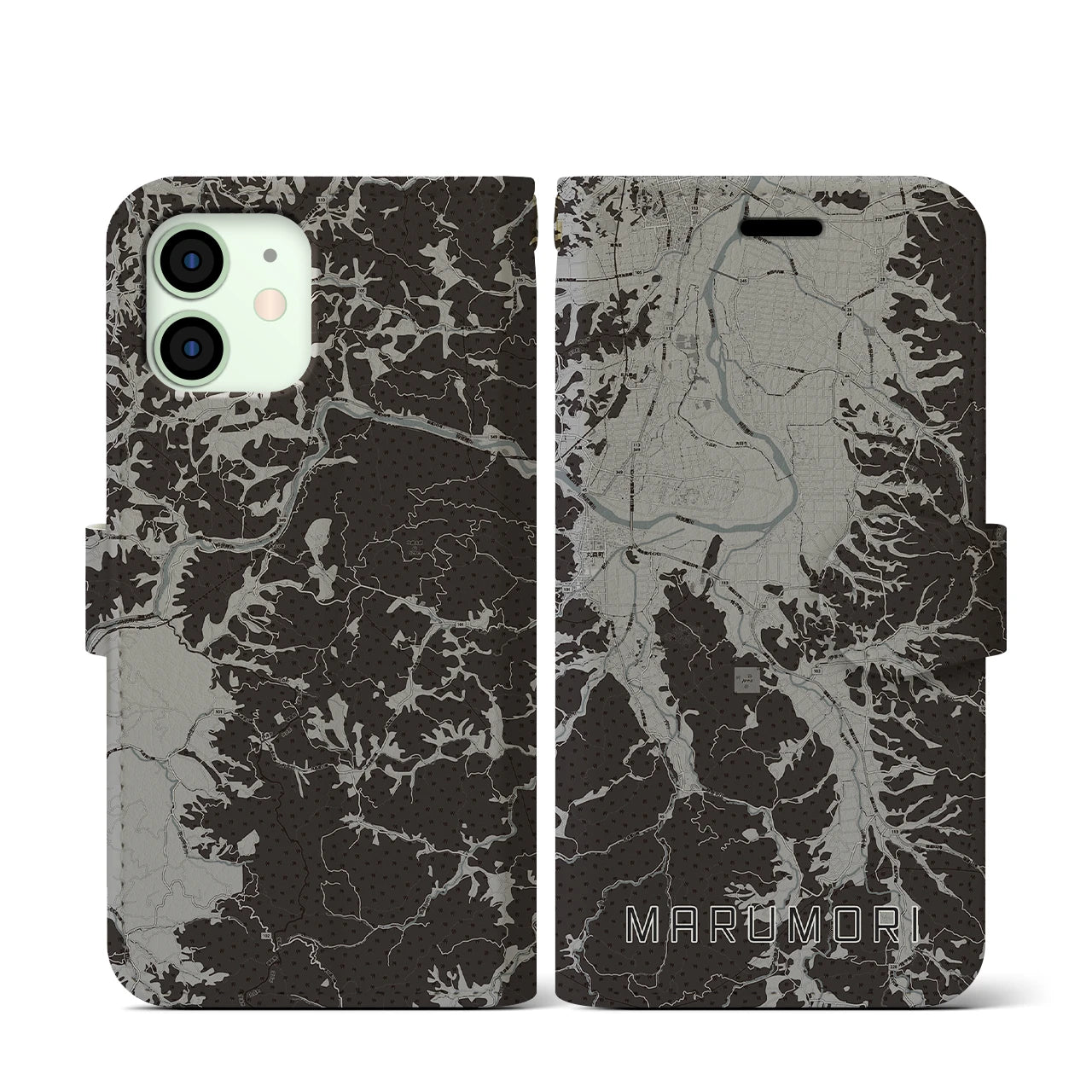 【丸森(宮城県)】地図柄iPhoneケース(手帳タイプ)モノトーン・iPhone 12 mini 用