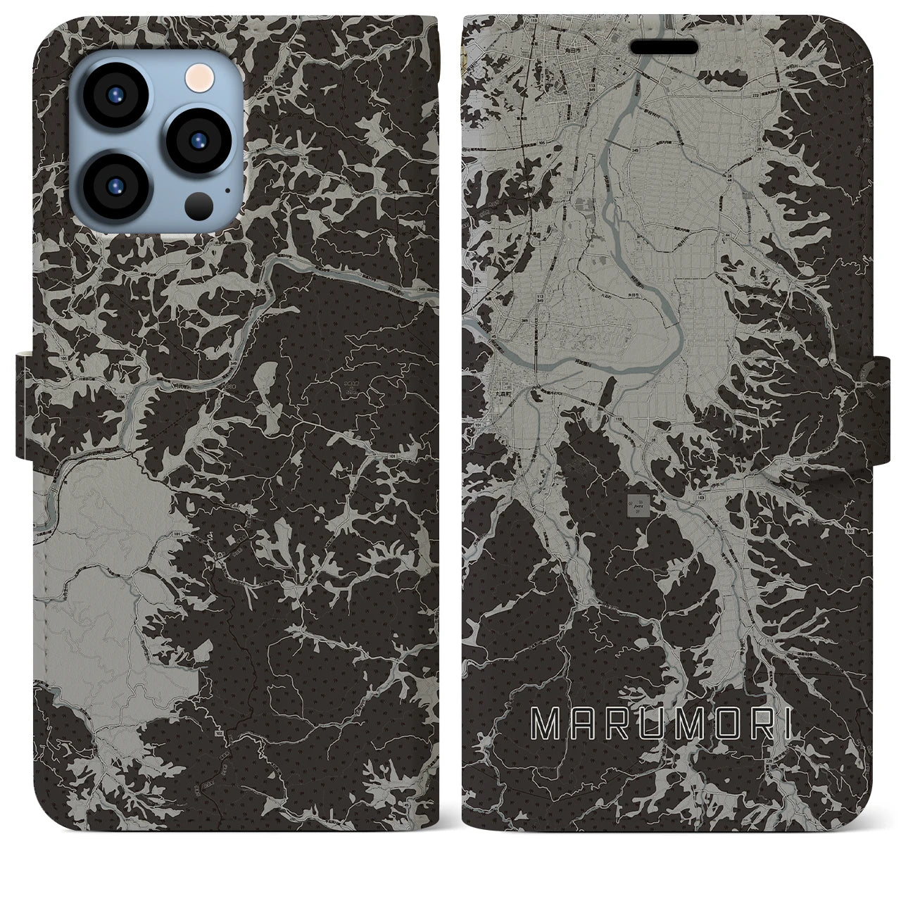 【丸森(宮城県)】地図柄iPhoneケース(手帳タイプ)モノトーン・iPhone 13 Pro Max 用