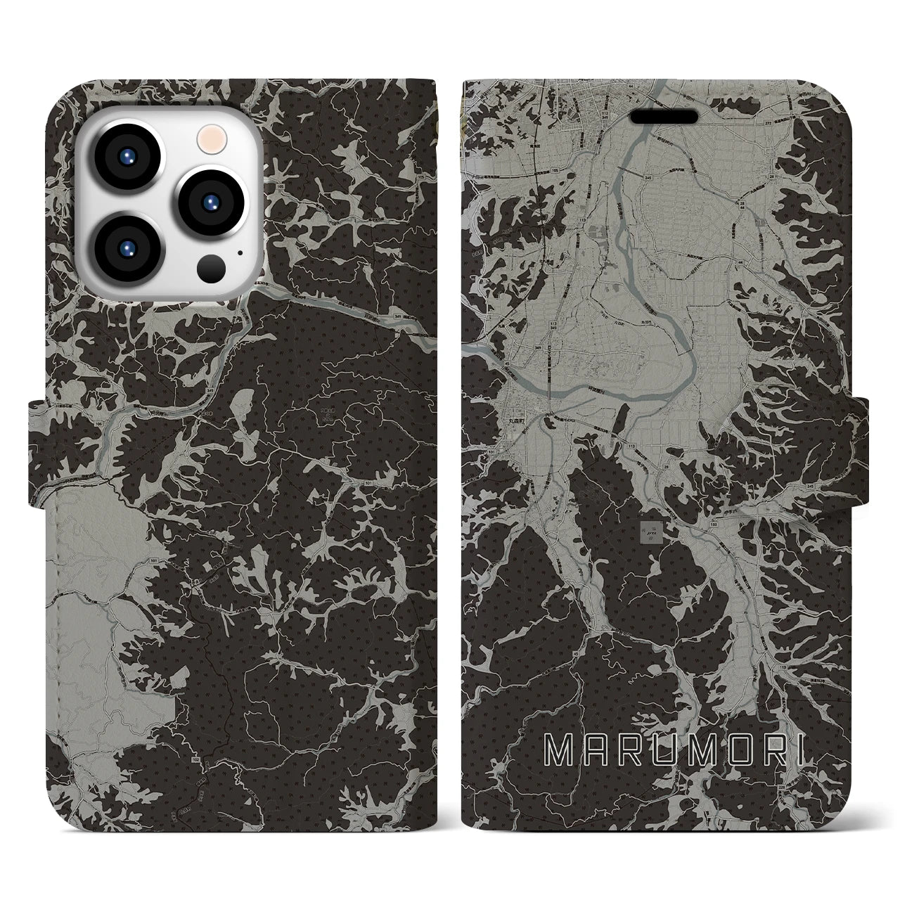 【丸森(宮城県)】地図柄iPhoneケース(手帳タイプ)モノトーン・iPhone 13 Pro 用