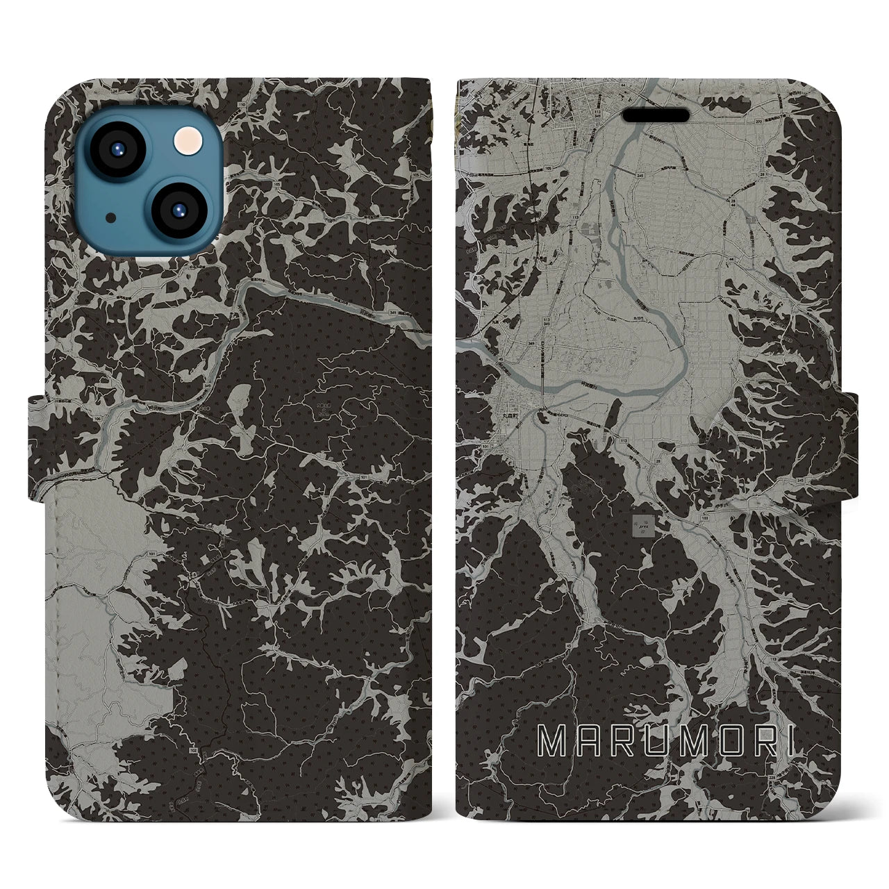 【丸森(宮城県)】地図柄iPhoneケース(手帳タイプ)モノトーン・iPhone 13 用