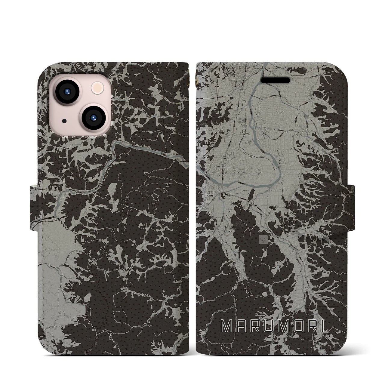 【丸森(宮城県)】地図柄iPhoneケース(手帳タイプ)モノトーン・iPhone 13 mini 用
