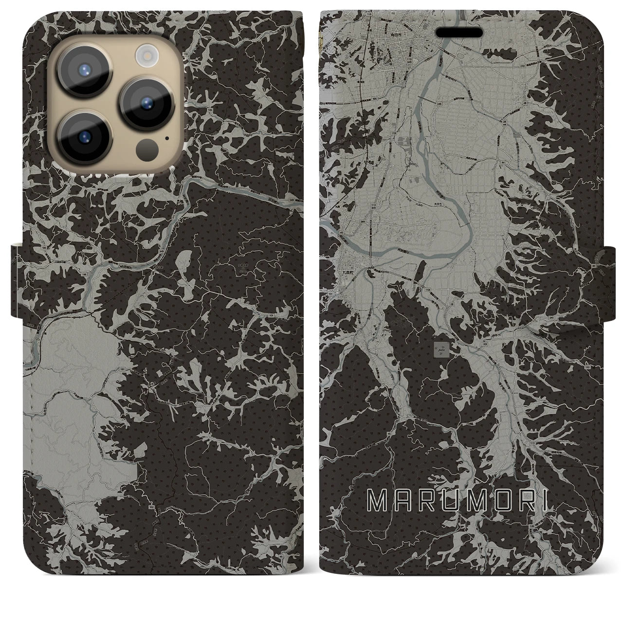 【丸森(宮城県)】地図柄iPhoneケース(手帳タイプ)モノトーン・iPhone 14 Pro Max 用