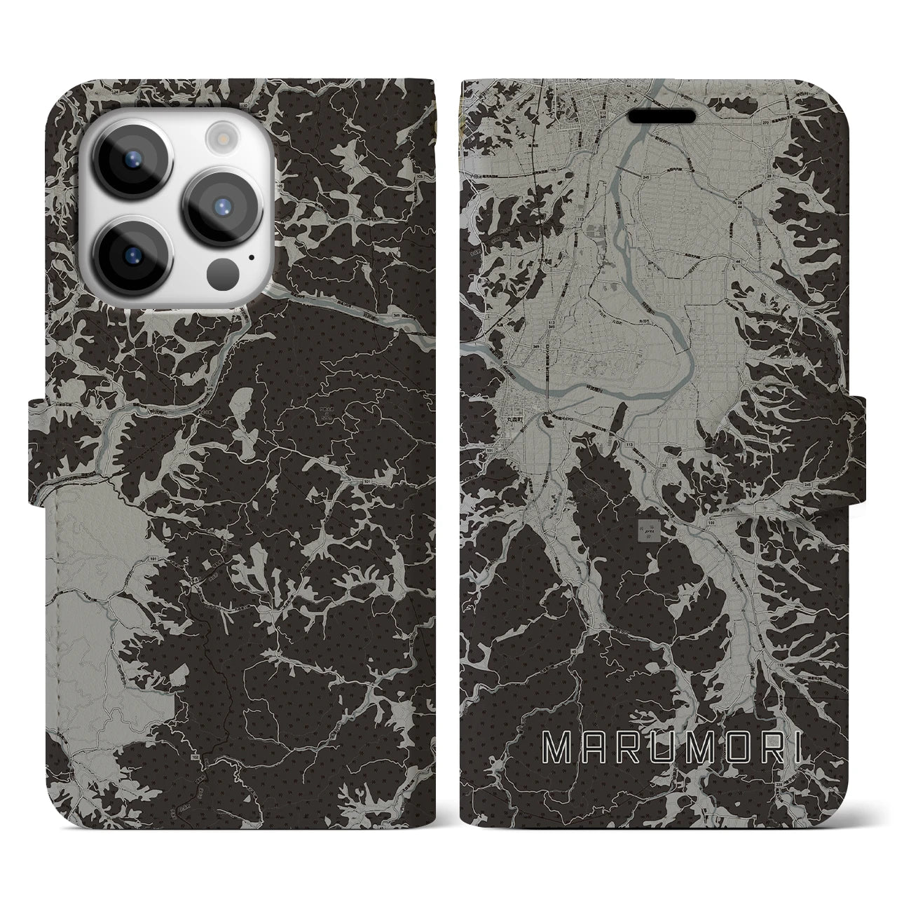 【丸森(宮城県)】地図柄iPhoneケース(手帳タイプ)モノトーン・iPhone 14 Pro 用