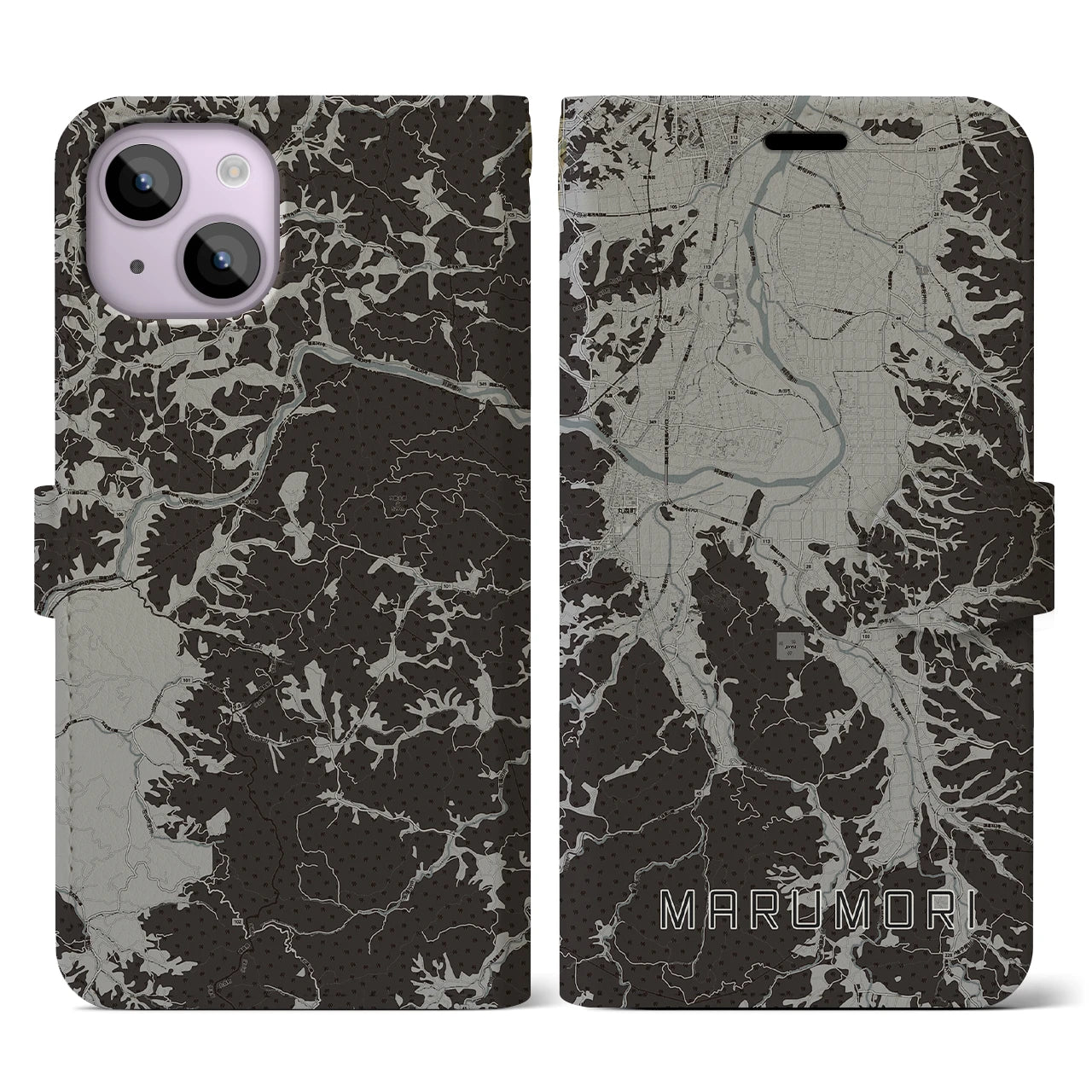 【丸森(宮城県)】地図柄iPhoneケース(手帳タイプ)モノトーン・iPhone 14 用