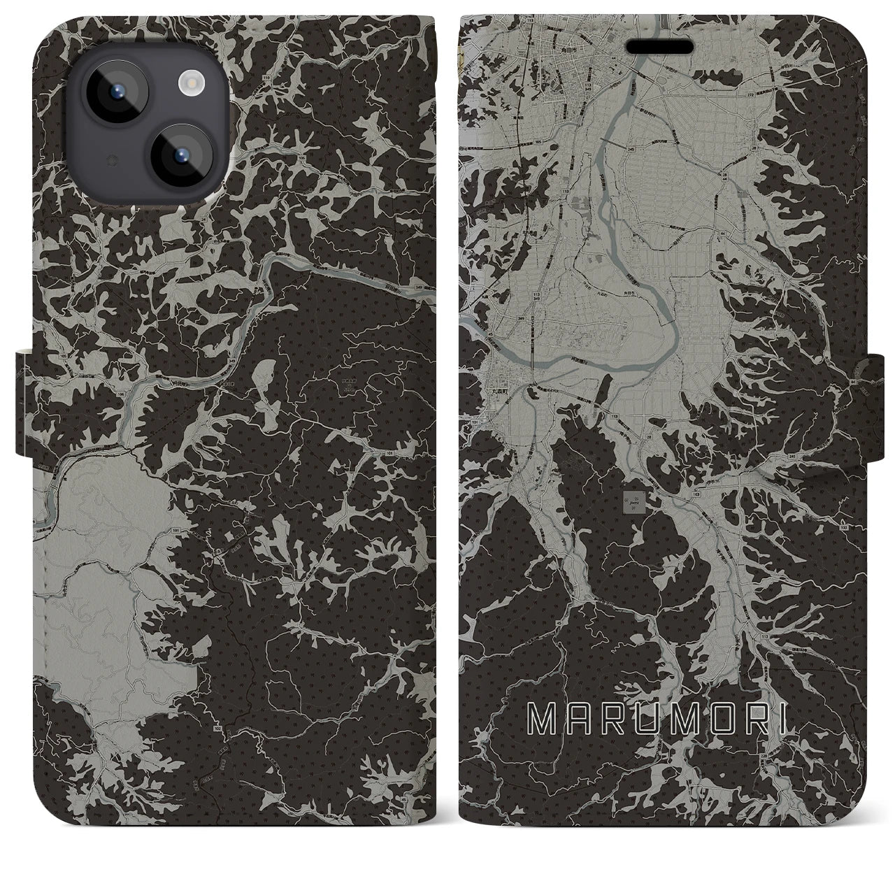 【丸森(宮城県)】地図柄iPhoneケース(手帳タイプ)モノトーン・iPhone 14 Plus 用