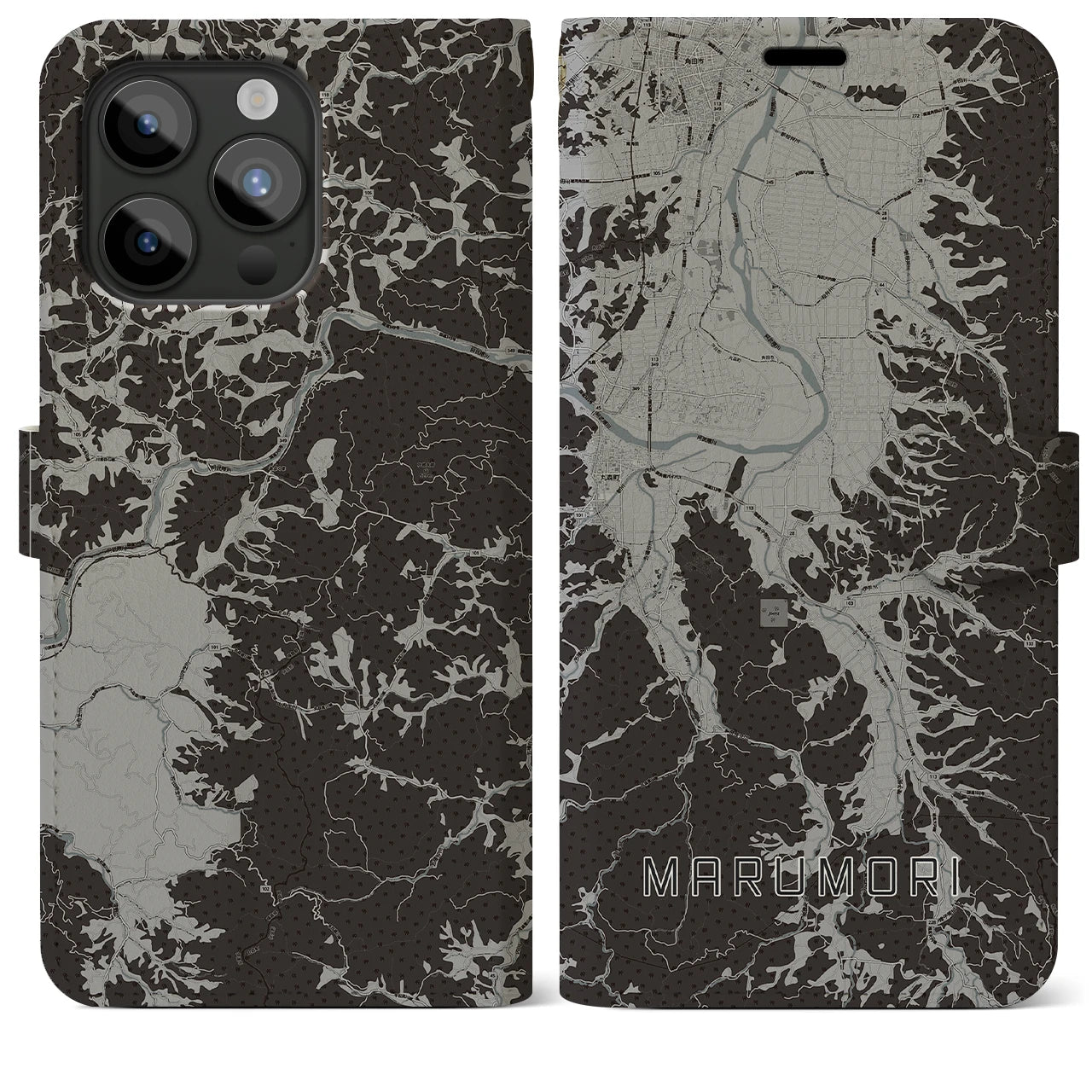 【丸森(宮城県)】地図柄iPhoneケース(手帳タイプ)モノトーン・iPhone 15 Pro Max 用