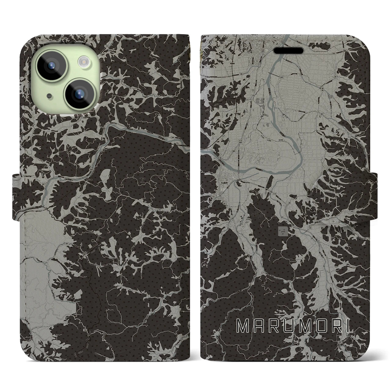 【丸森(宮城県)】地図柄iPhoneケース(手帳タイプ)モノトーン・iPhone 15 用