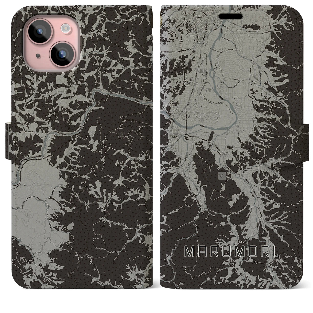【丸森(宮城県)】地図柄iPhoneケース(手帳タイプ)モノトーン・iPhone 15 Plus 用