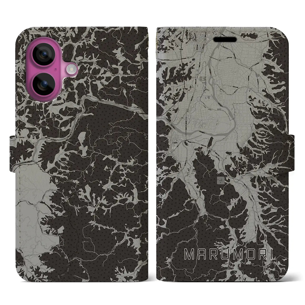 【丸森(宮城県)】地図柄iPhoneケース(手帳タイプ)モノトーン・iPhone 16 Pro 用