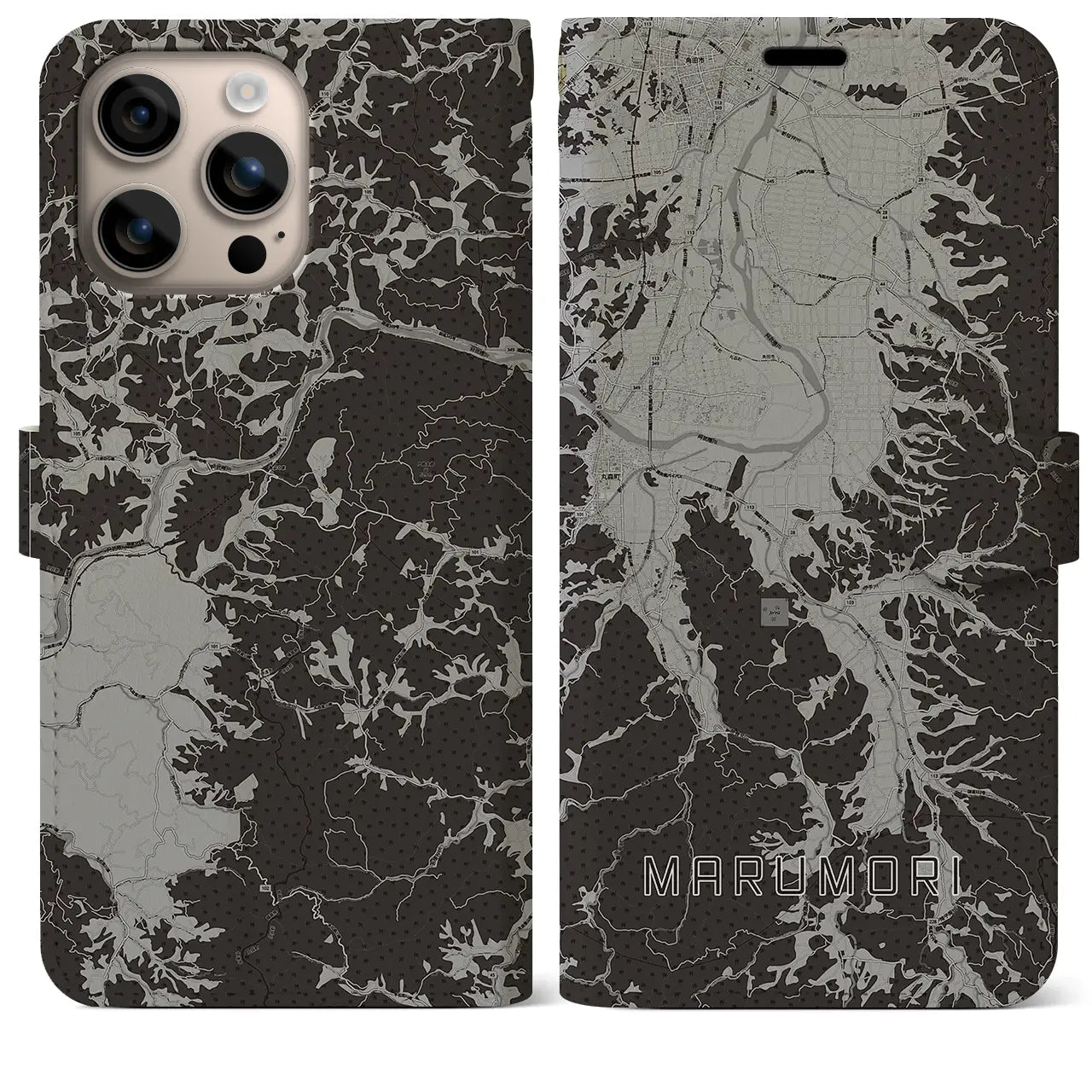 【丸森(宮城県)】地図柄iPhoneケース(手帳タイプ)モノトーン・iPhone 16 Plus 用