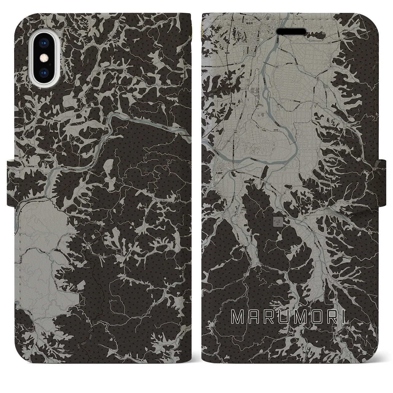 【丸森(宮城県)】地図柄iPhoneケース(手帳タイプ)モノトーン・iPhone XS Max 用