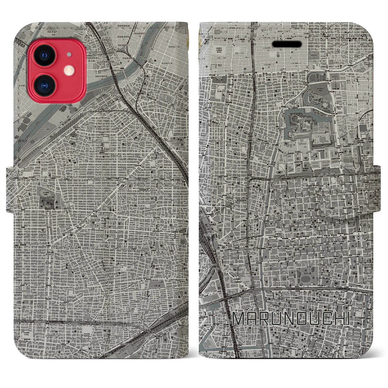 【丸の内(愛知県)】地図柄iPhoneケース(手帳タイプ)モノトーン・iPhone 11 用