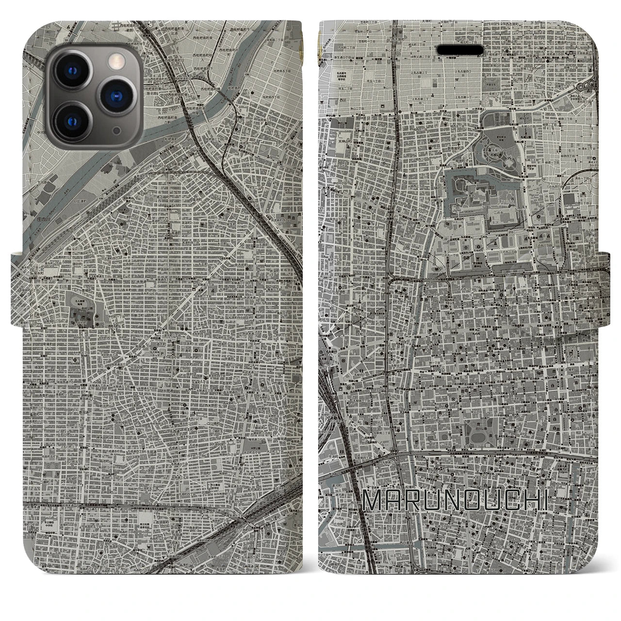 【丸の内(愛知県)】地図柄iPhoneケース(手帳タイプ)モノトーン・iPhone 11 Pro Max 用