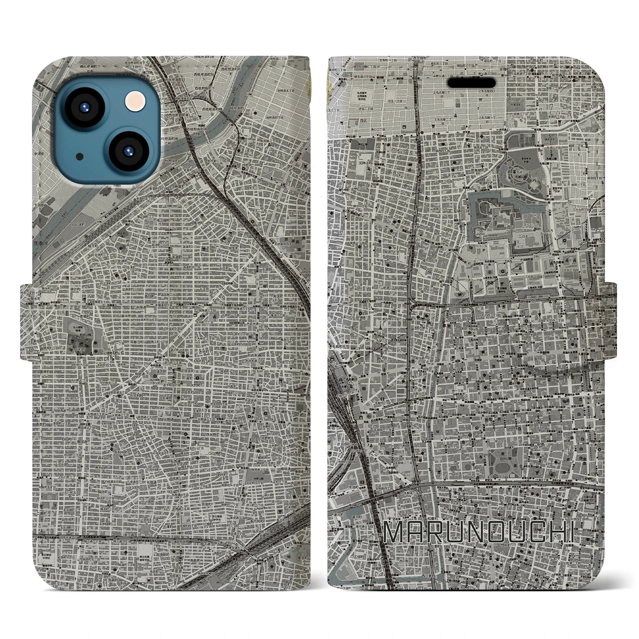 【丸の内(愛知県)】地図柄iPhoneケース(手帳タイプ)モノトーン・iPhone 13 用