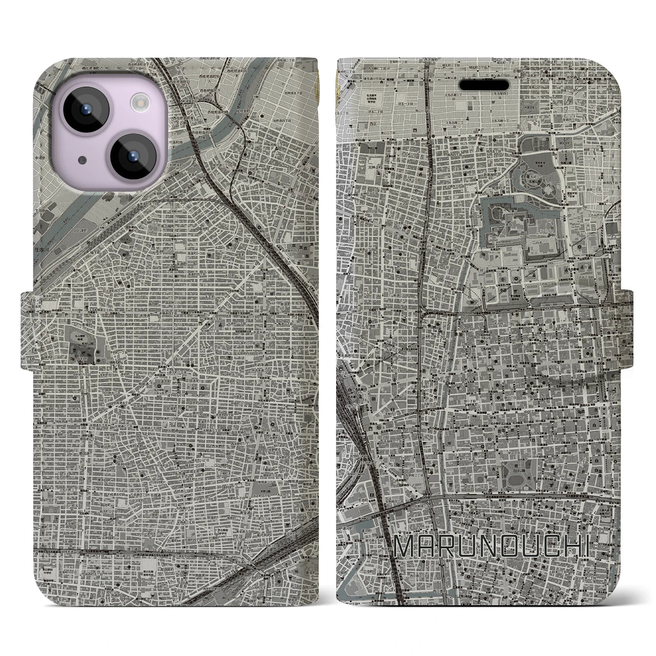 【丸の内(愛知県)】地図柄iPhoneケース(手帳タイプ)モノトーン・iPhone 14 用