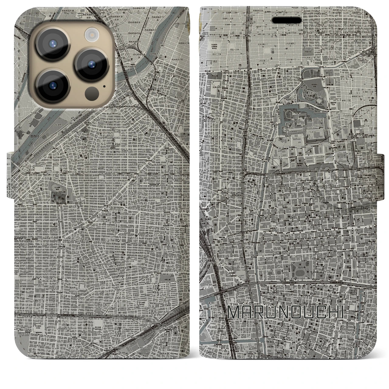 【丸の内(愛知県)】地図柄iPhoneケース(手帳タイプ)モノトーン・iPhone 14 Pro Max 用
