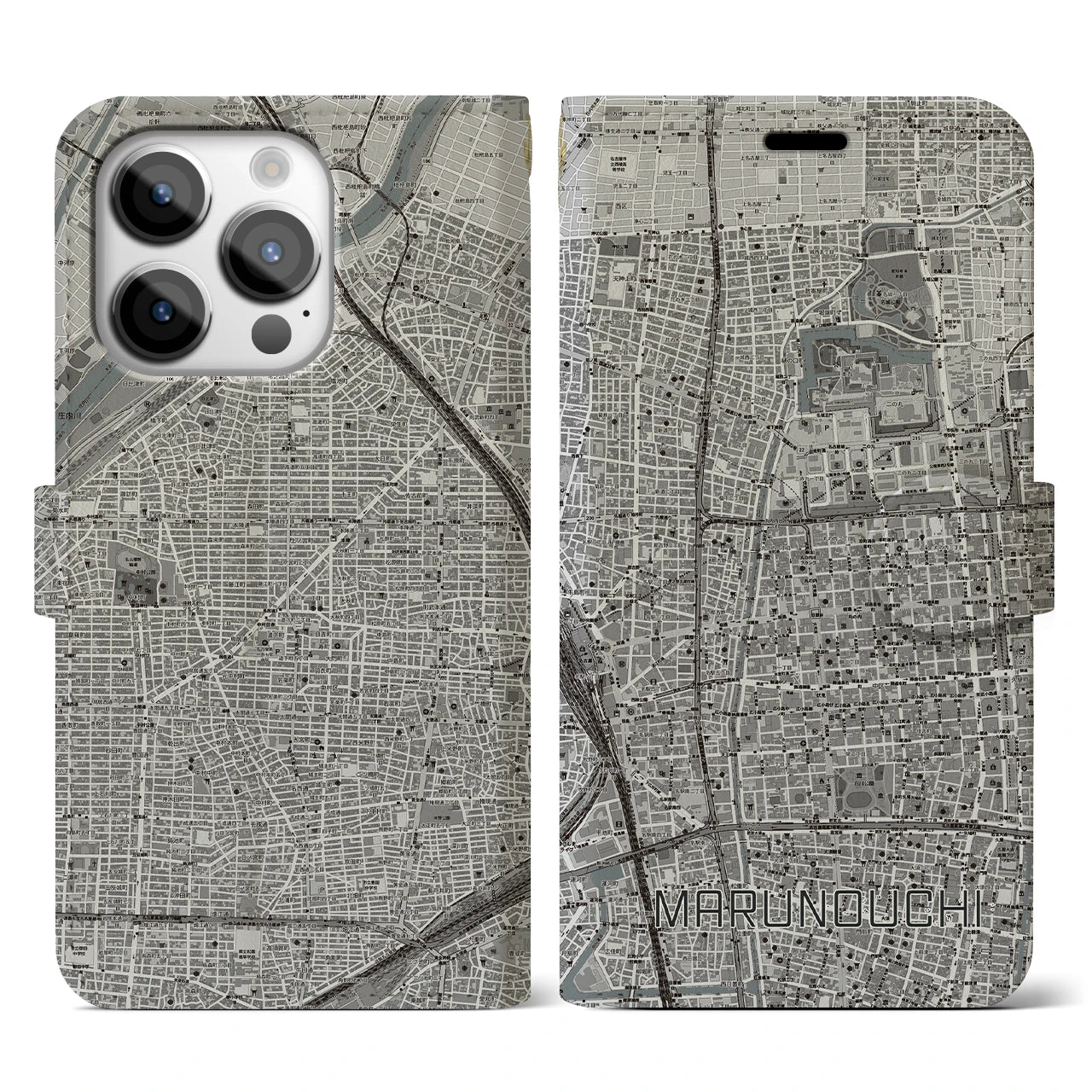 【丸の内(愛知県)】地図柄iPhoneケース(手帳タイプ)モノトーン・iPhone 14 Pro 用
