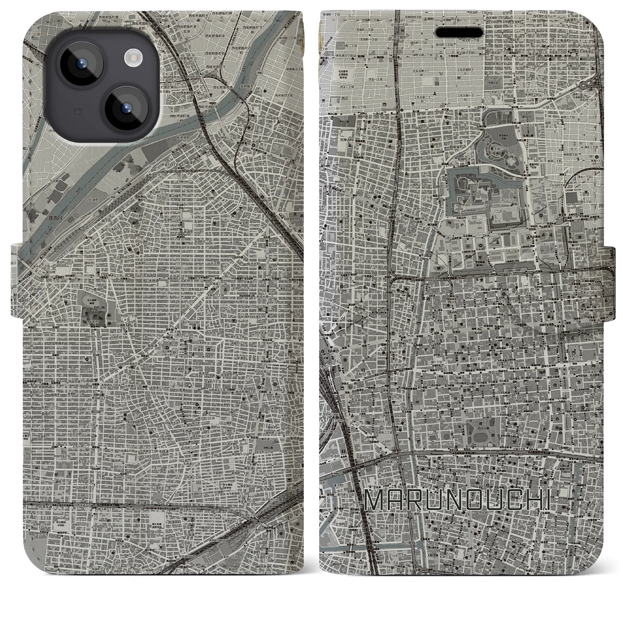 【丸の内(愛知県)】地図柄iPhoneケース(手帳タイプ)モノトーン・iPhone 14 Plus 用