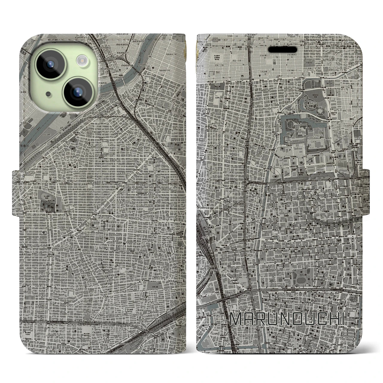 【丸の内(愛知県)】地図柄iPhoneケース(手帳タイプ)モノトーン・iPhone 15 用