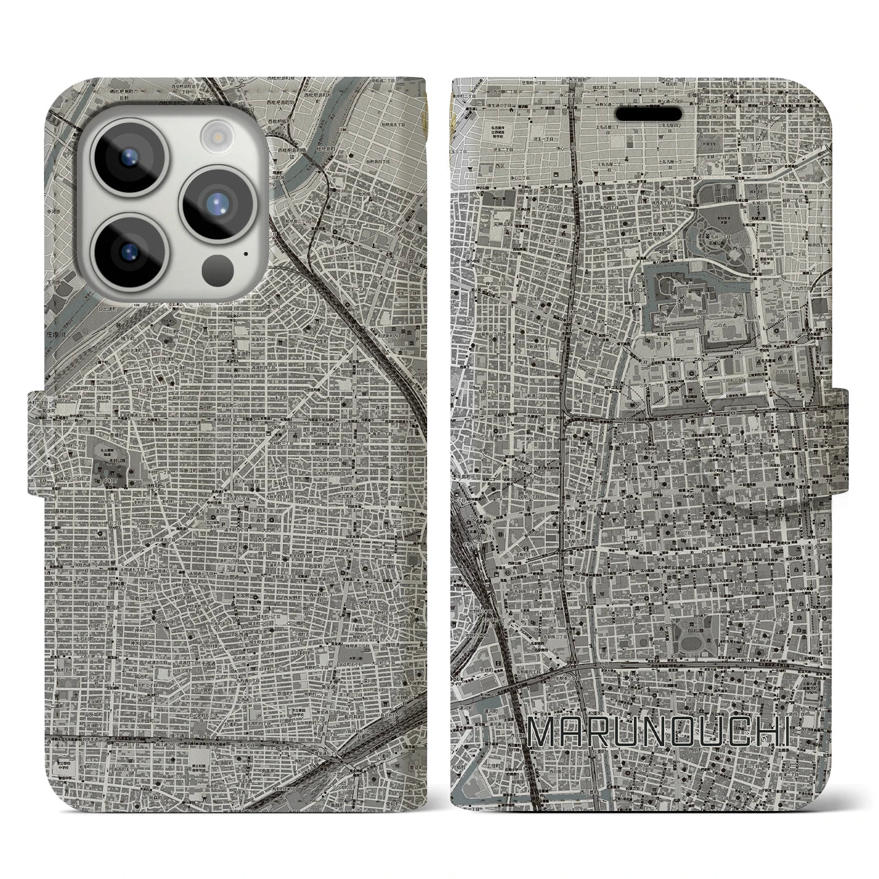 【丸の内(愛知県)】地図柄iPhoneケース(手帳タイプ)モノトーン・iPhone 15 Pro 用