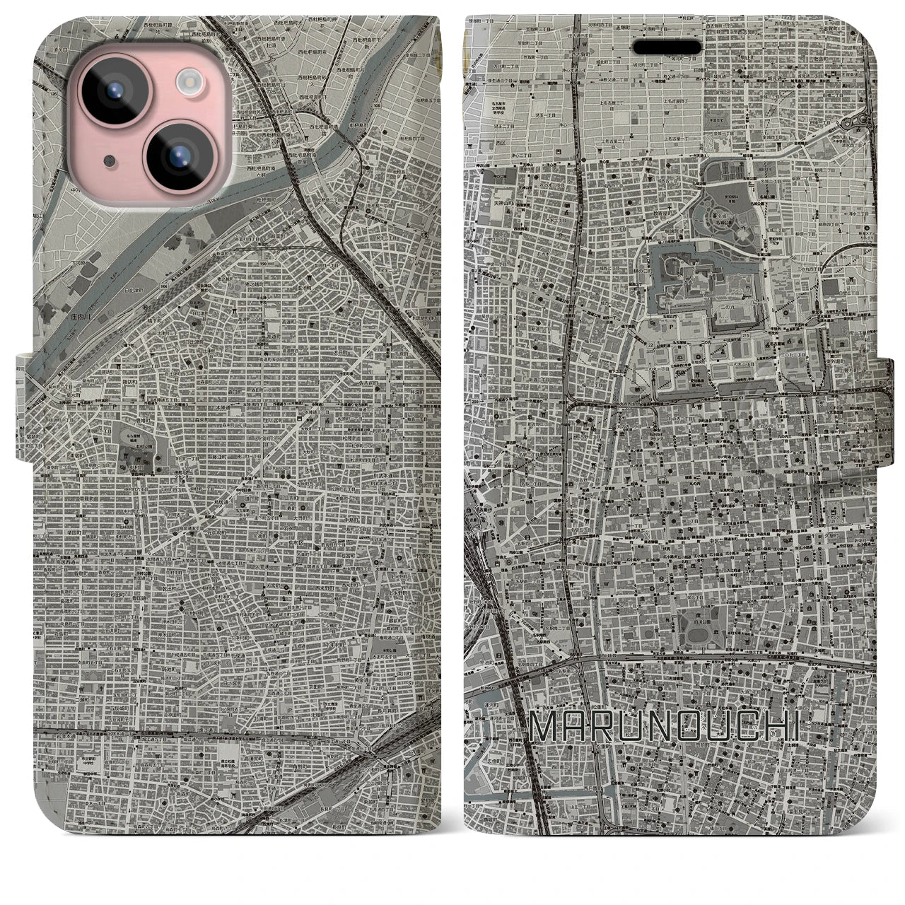【丸の内(愛知県)】地図柄iPhoneケース(手帳タイプ)モノトーン・iPhone 15 Plus 用