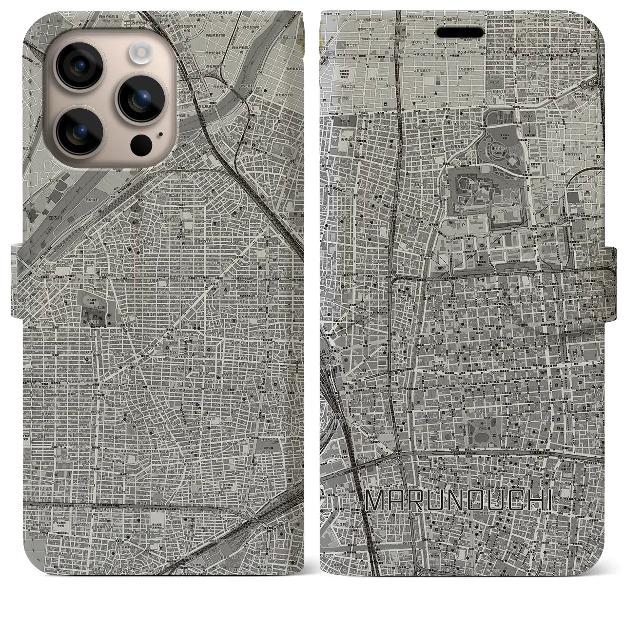 【丸の内(愛知県)】地図柄iPhoneケース(手帳タイプ)モノトーン・iPhone 16 Plus 用