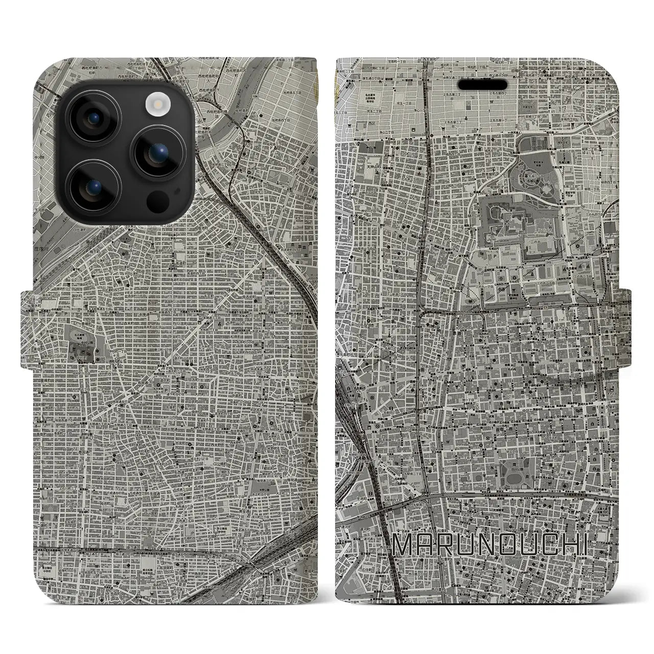 【丸の内(愛知県)】地図柄iPhoneケース(手帳タイプ)モノトーン・iPhone 16 用