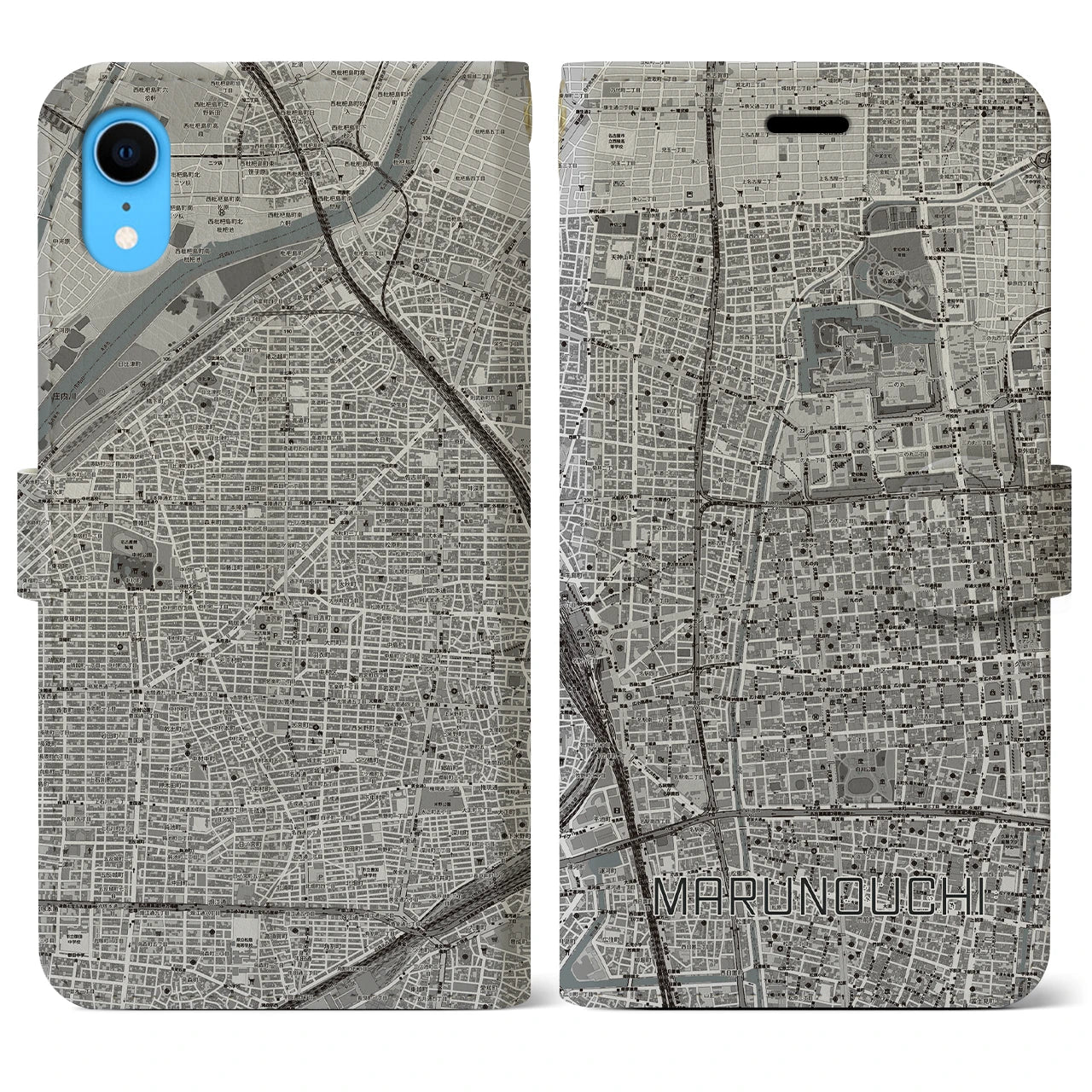 【丸の内(愛知県)】地図柄iPhoneケース(手帳タイプ)モノトーン・iPhone XR 用