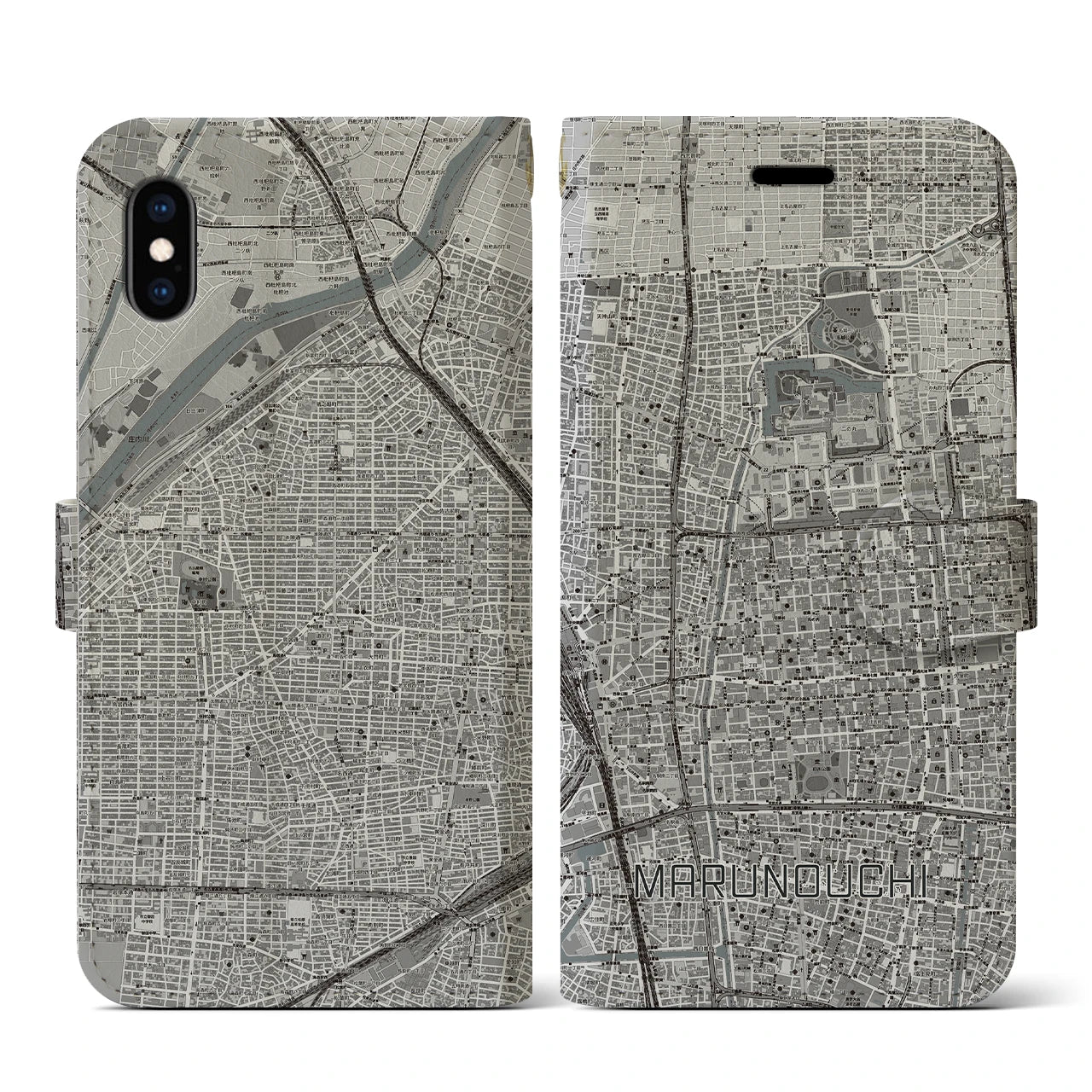 【丸の内(愛知県)】地図柄iPhoneケース(手帳タイプ)モノトーン・iPhone XS / X 用