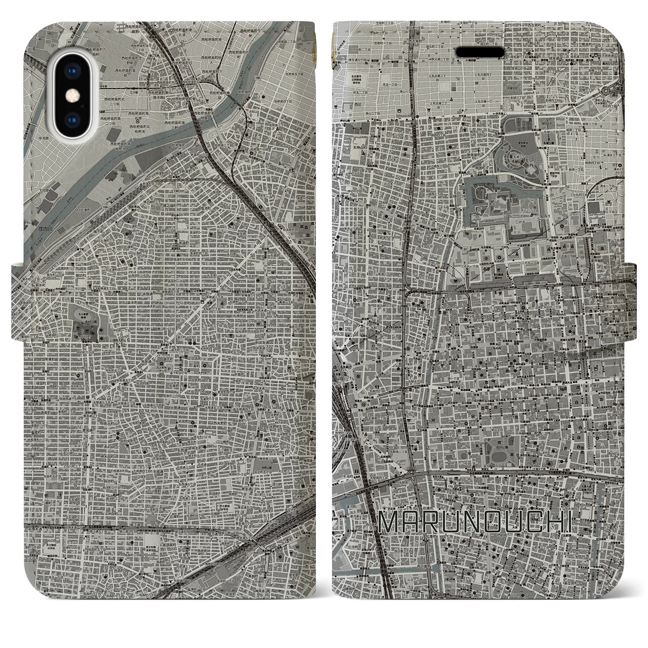 【丸の内(愛知県)】地図柄iPhoneケース(手帳タイプ)モノトーン・iPhone XS Max 用