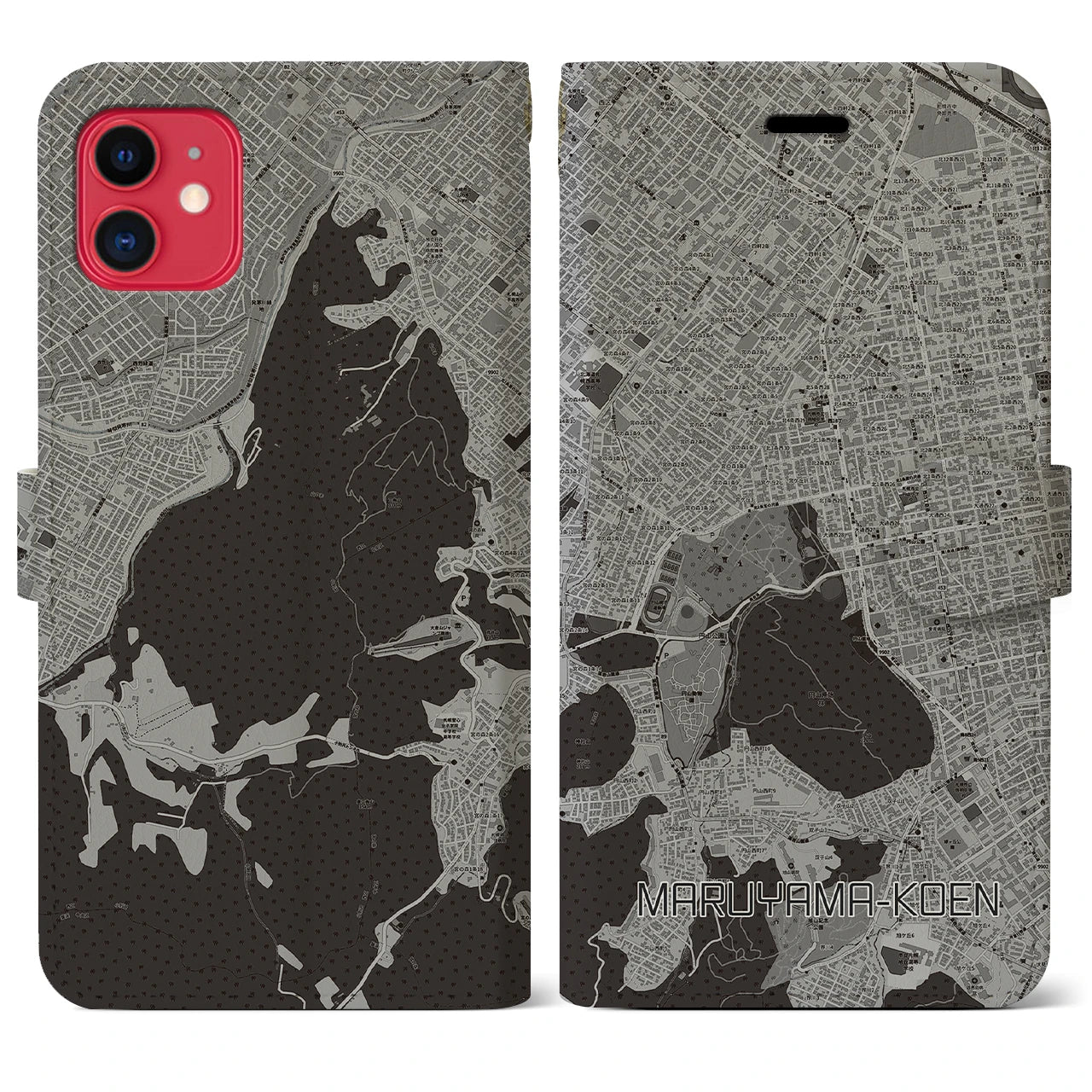 【円山公園(北海道)】地図柄iPhoneケース(手帳タイプ)モノトーン・iPhone 11 用