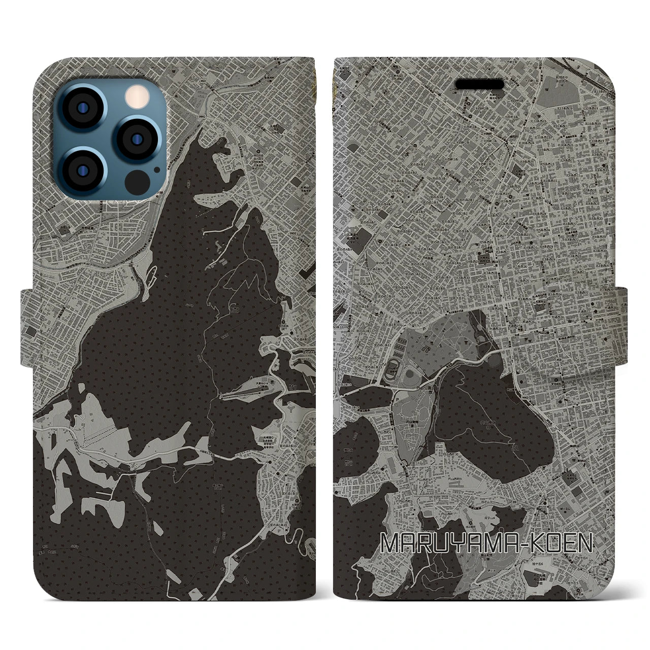 【円山公園(北海道)】地図柄iPhoneケース(手帳タイプ)モノトーン・iPhone 12 / 12 Pro 用