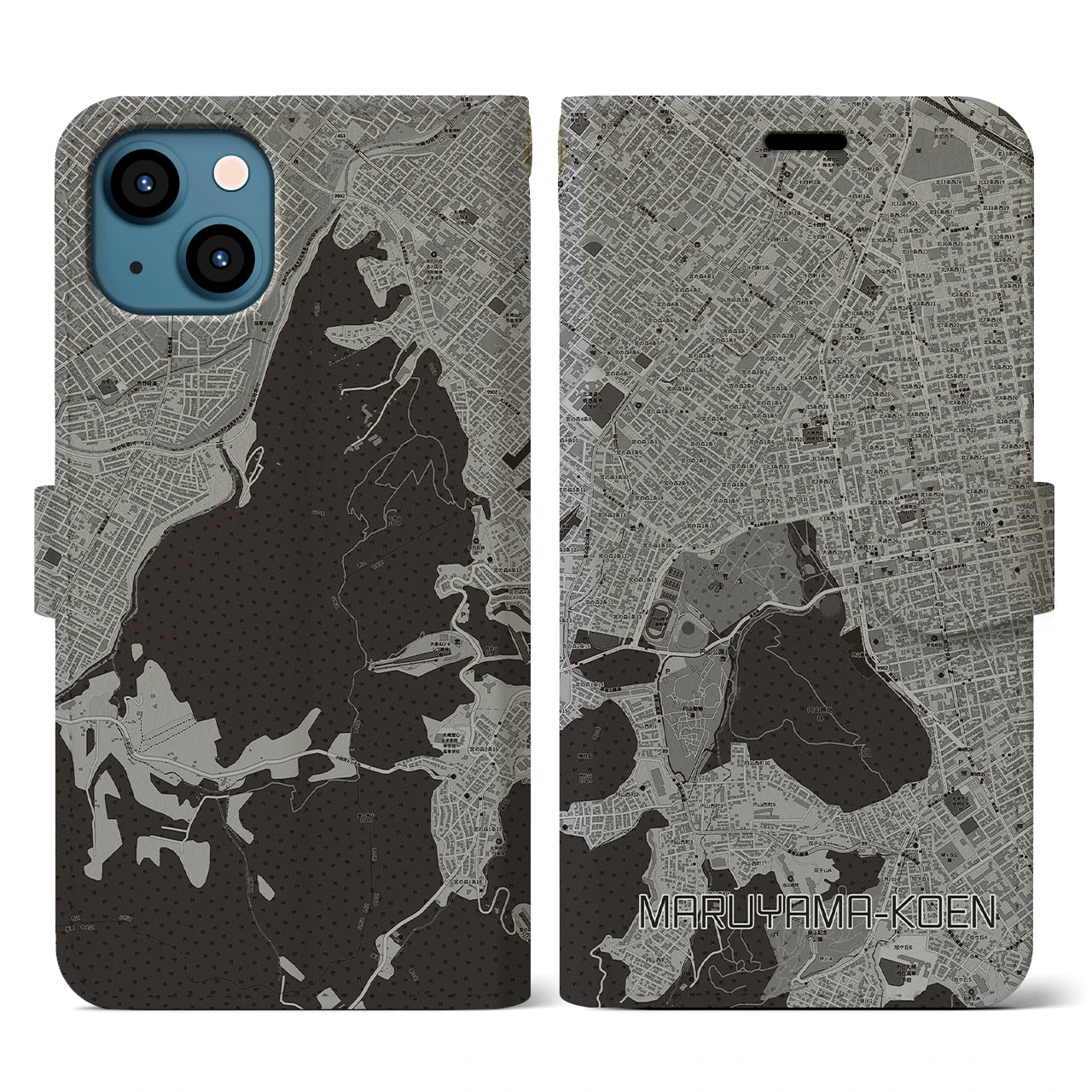 【円山公園(北海道)】地図柄iPhoneケース(手帳タイプ)モノトーン・iPhone 13 用