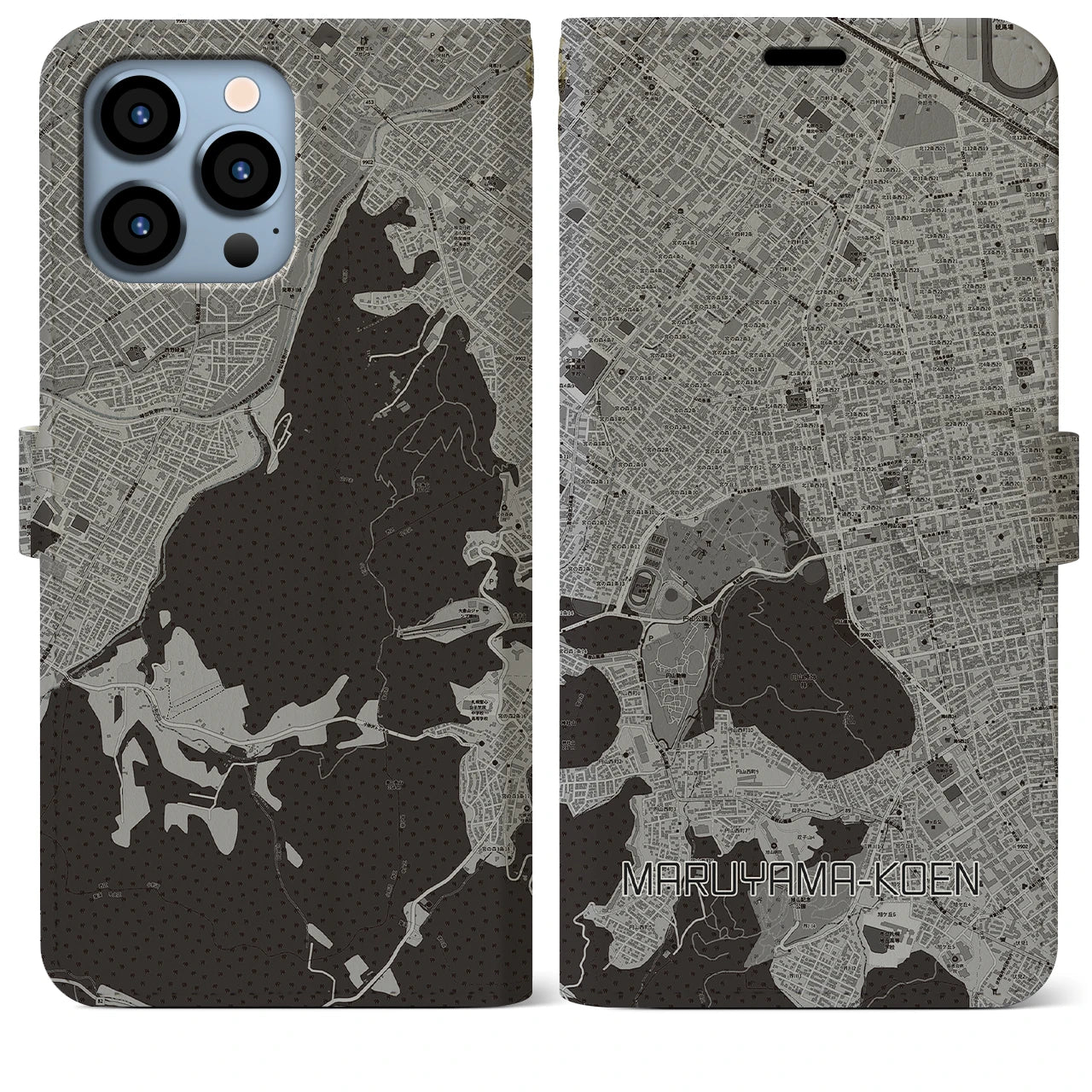 【円山公園(北海道)】地図柄iPhoneケース(手帳タイプ)モノトーン・iPhone 13 Pro Max 用