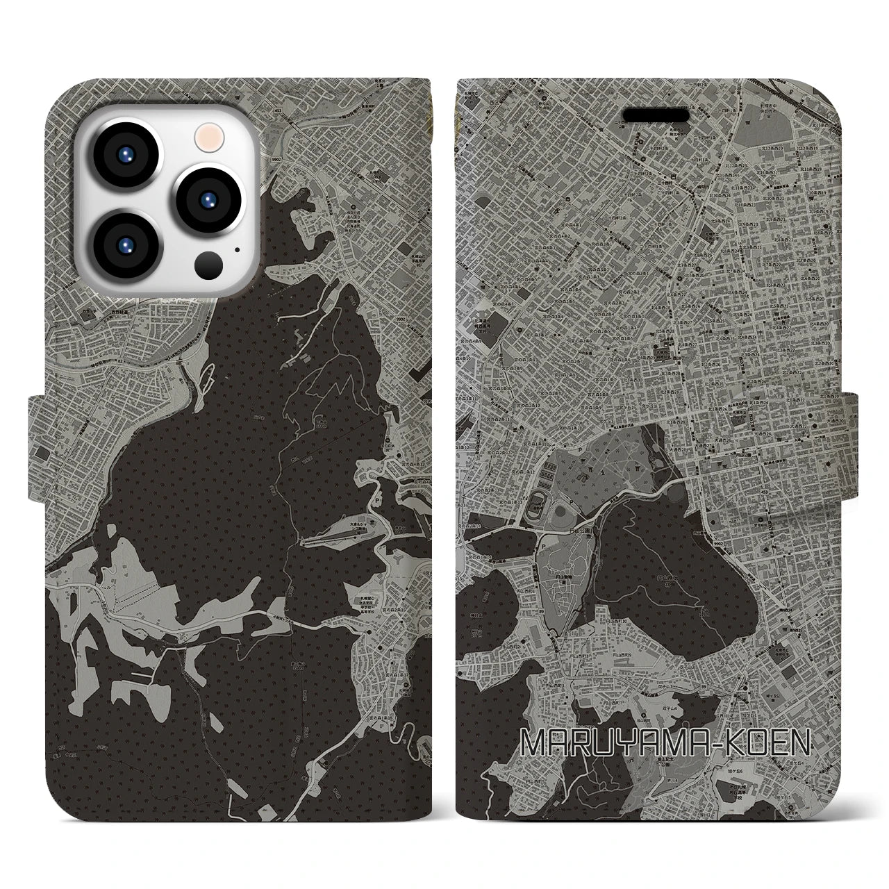 【円山公園(北海道)】地図柄iPhoneケース(手帳タイプ)モノトーン・iPhone 13 Pro 用