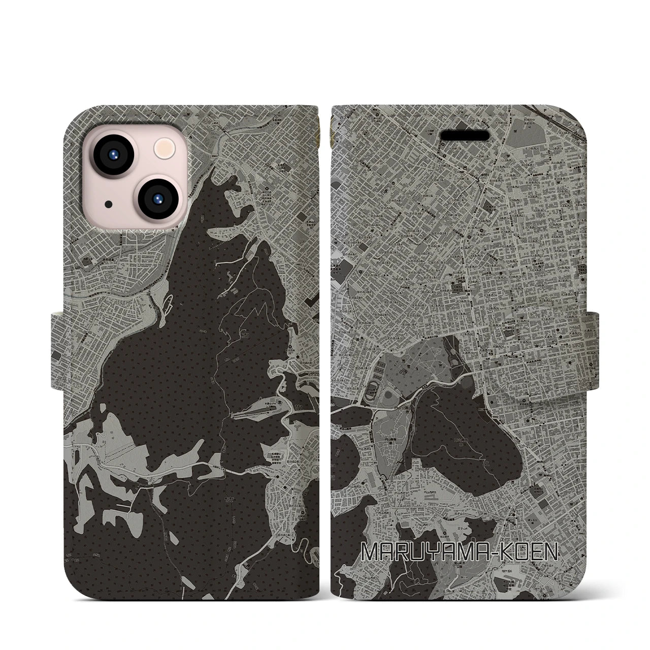 【円山公園(北海道)】地図柄iPhoneケース(手帳タイプ)モノトーン・iPhone 13 mini 用