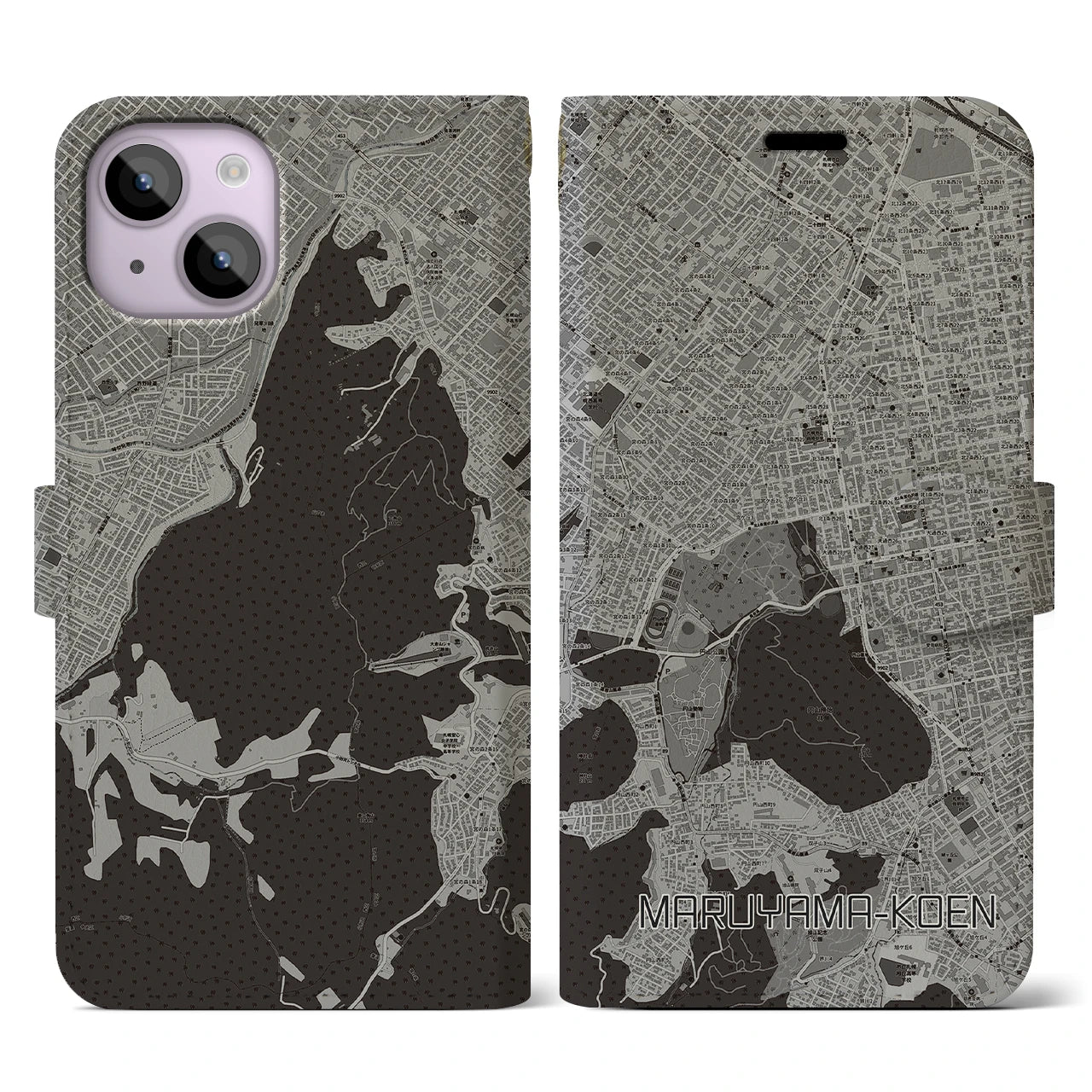 【円山公園(北海道)】地図柄iPhoneケース(手帳タイプ)モノトーン・iPhone 14 用