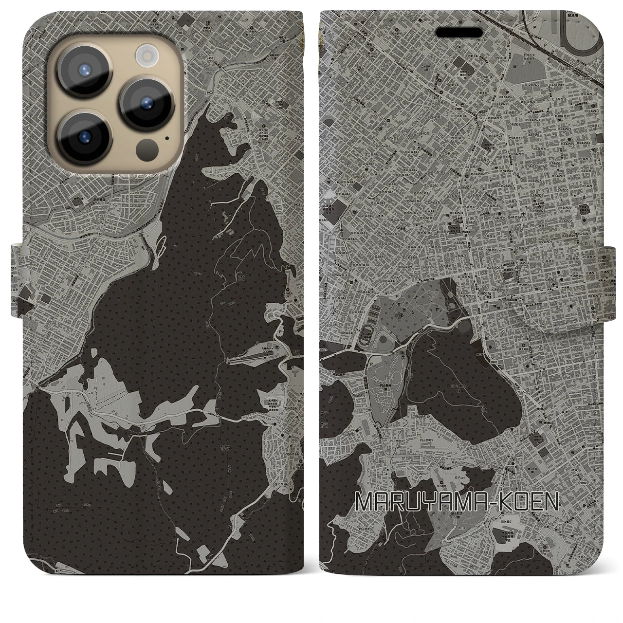 【円山公園(北海道)】地図柄iPhoneケース(手帳タイプ)モノトーン・iPhone 14 Pro Max 用