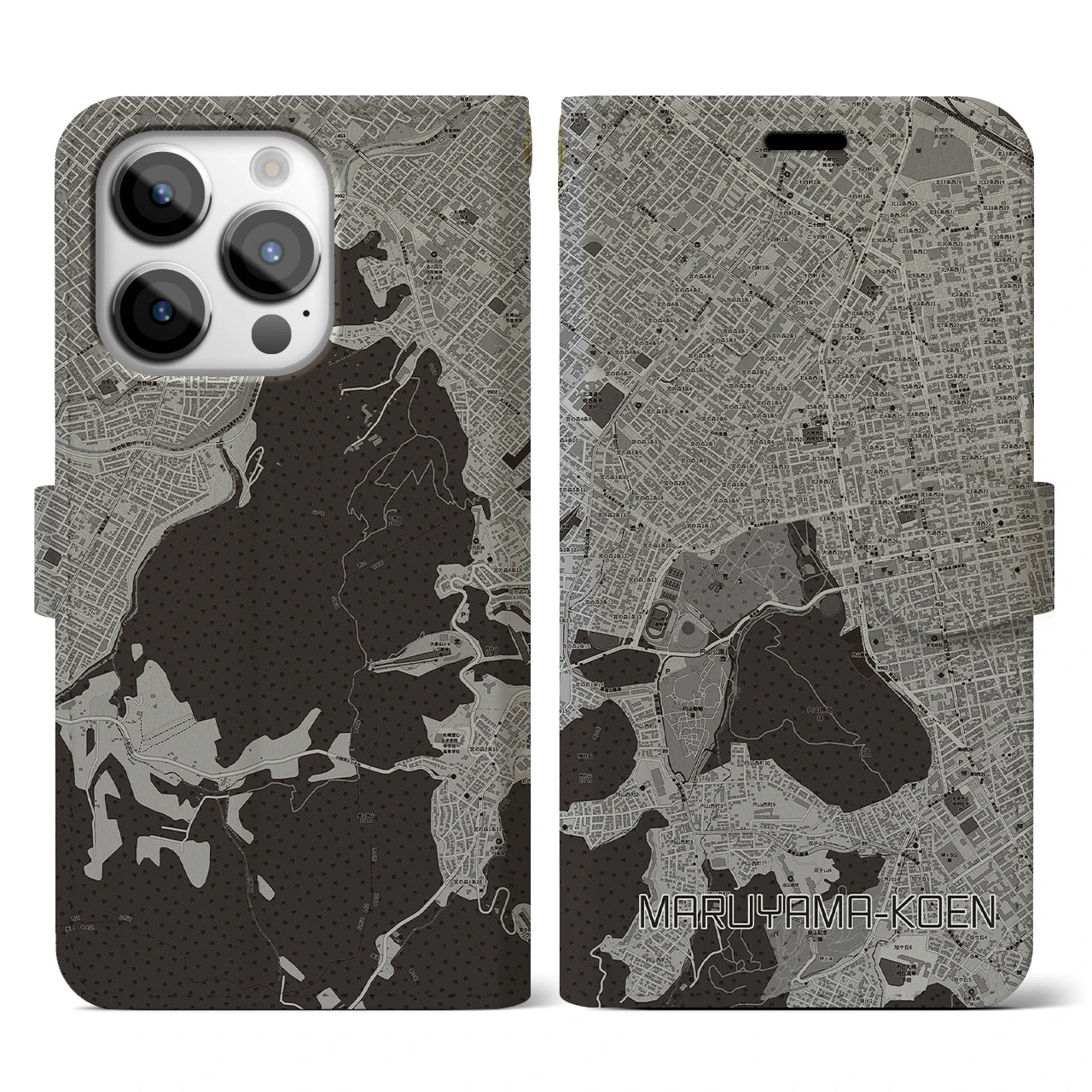 【円山公園(北海道)】地図柄iPhoneケース(手帳タイプ)モノトーン・iPhone 14 Pro 用