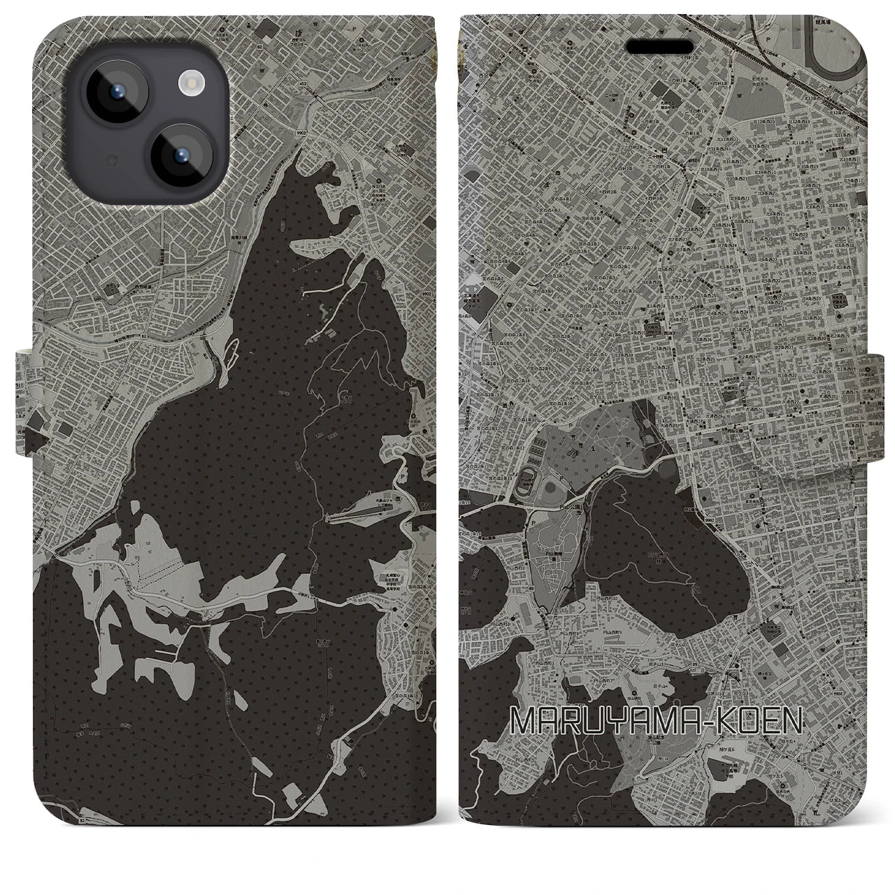 【円山公園(北海道)】地図柄iPhoneケース(手帳タイプ)モノトーン・iPhone 14 Plus 用
