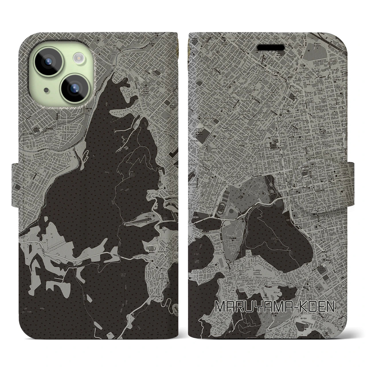 【円山公園(北海道)】地図柄iPhoneケース(手帳タイプ)モノトーン・iPhone 15 用