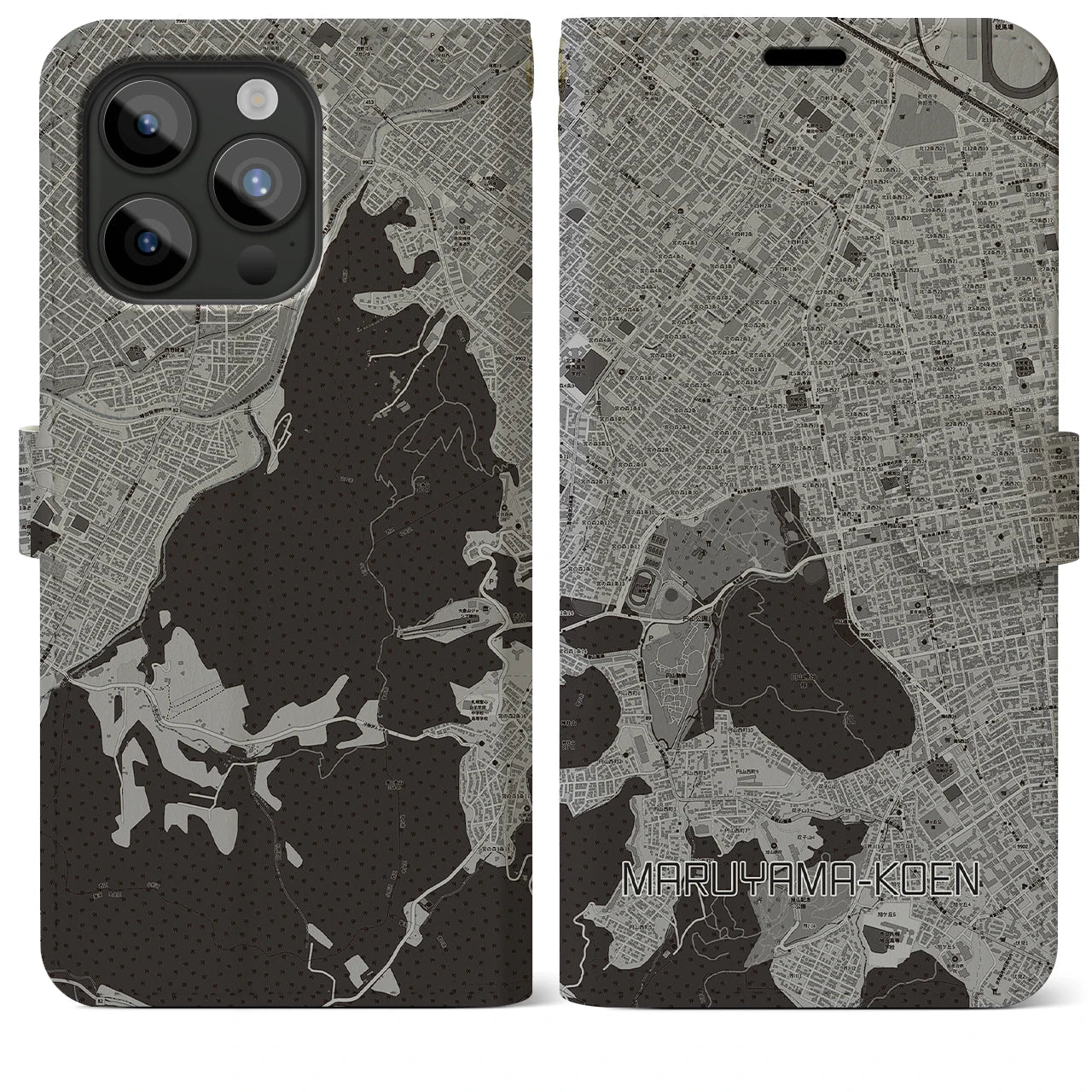 【円山公園(北海道)】地図柄iPhoneケース(手帳タイプ)モノトーン・iPhone 15 Pro Max 用