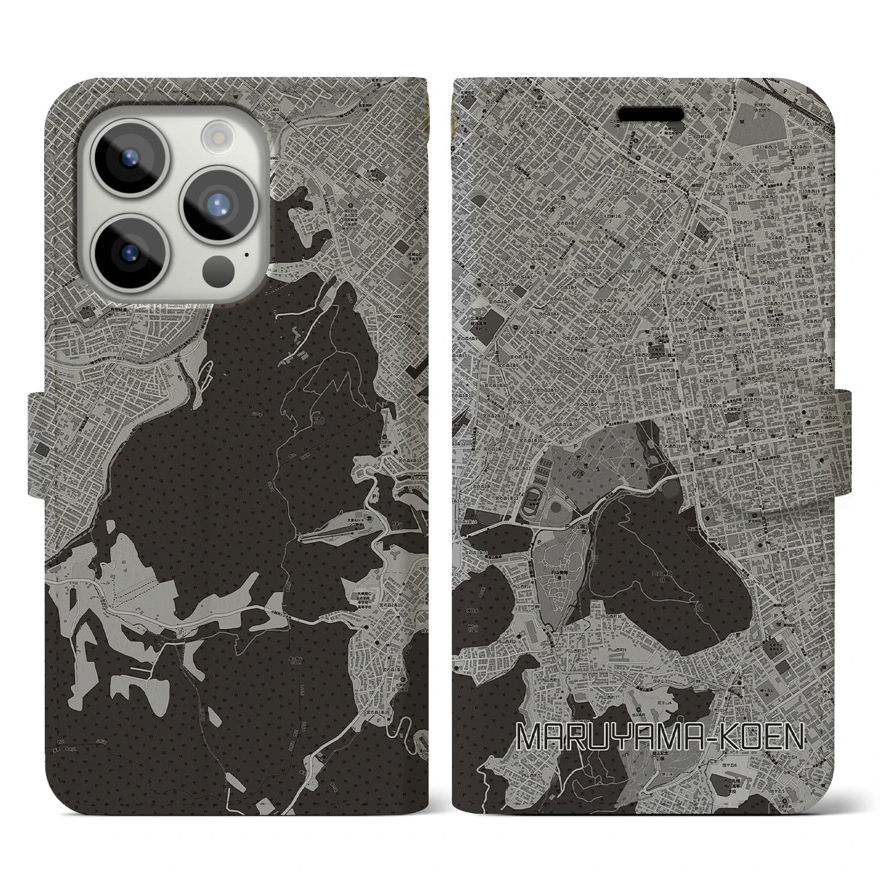 【円山公園(北海道)】地図柄iPhoneケース(手帳タイプ)モノトーン・iPhone 15 Pro 用