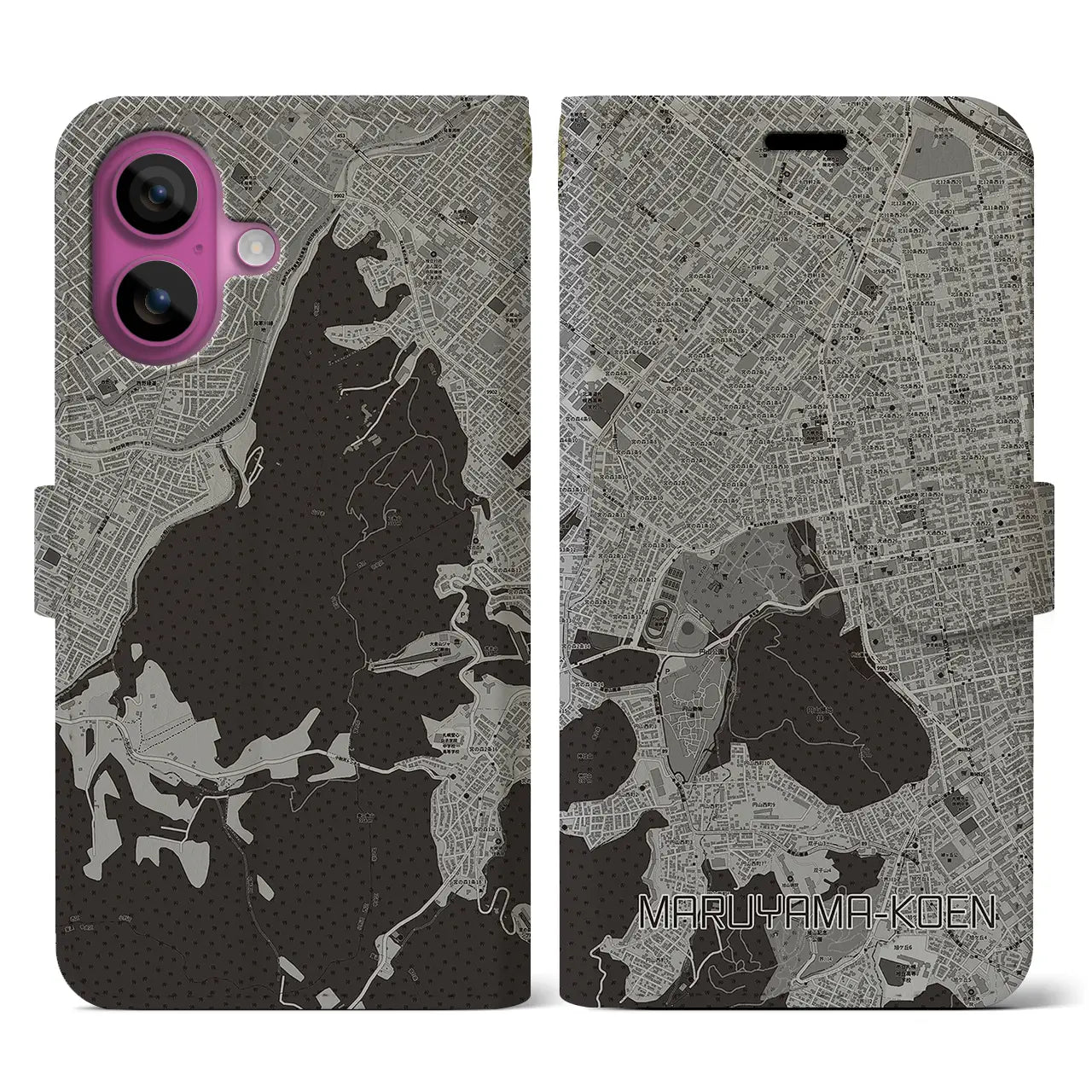【円山公園(北海道)】地図柄iPhoneケース(手帳タイプ)モノトーン・iPhone 16 Pro 用