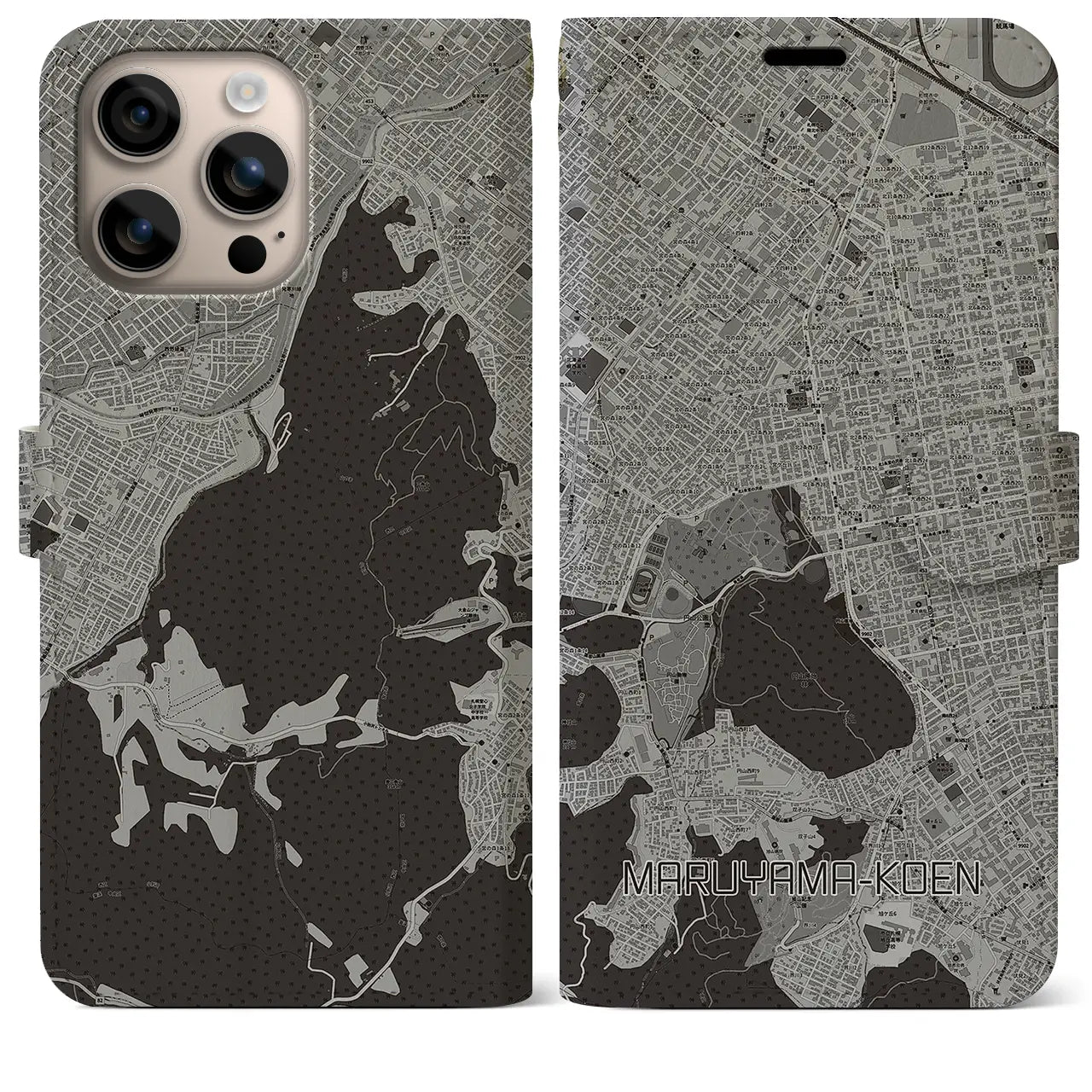 【円山公園(北海道)】地図柄iPhoneケース(手帳タイプ)モノトーン・iPhone 16 Plus 用