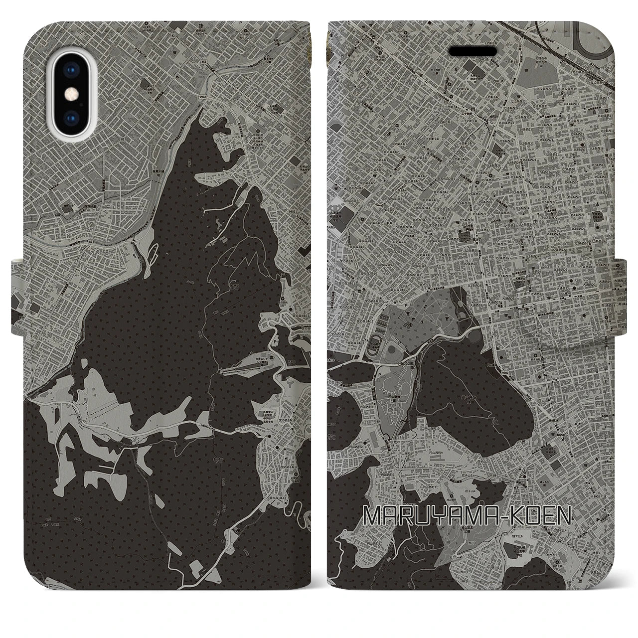 【円山公園(北海道)】地図柄iPhoneケース(手帳タイプ)モノトーン・iPhone XS Max 用