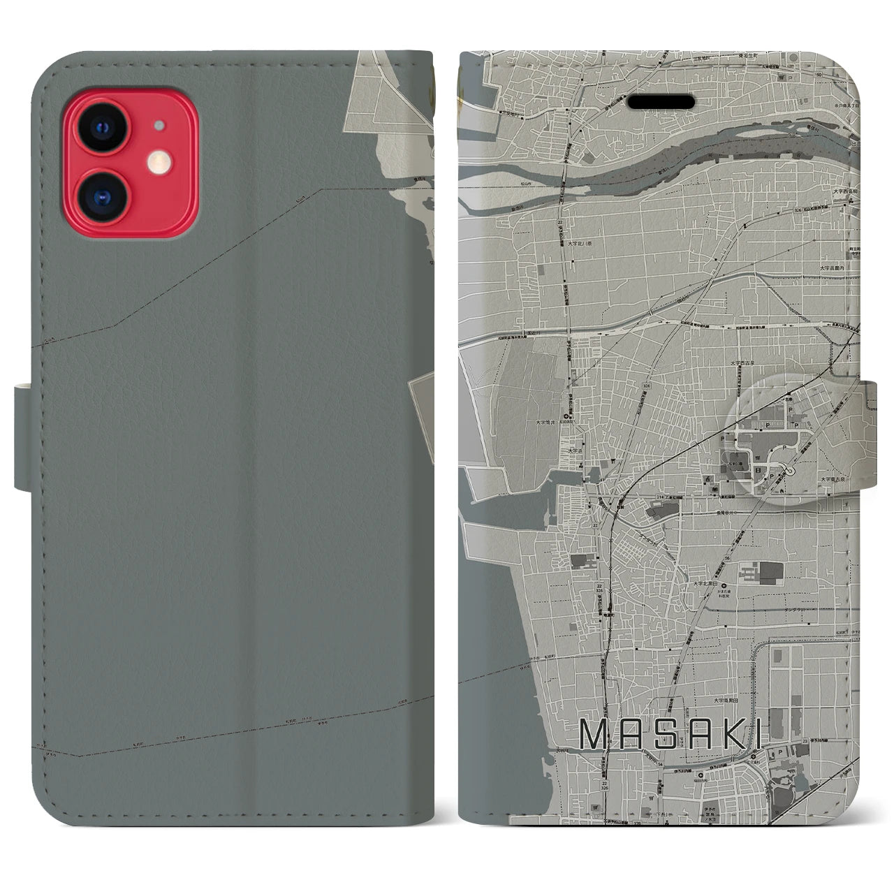 【松前(愛媛県)】地図柄iPhoneケース(手帳タイプ)モノトーン・iPhone 11 用