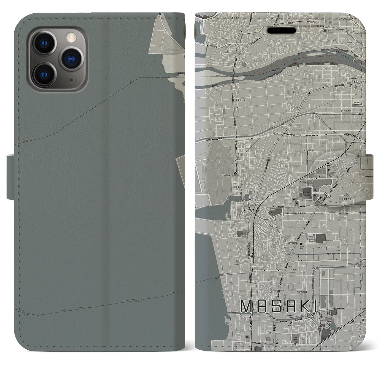 【松前(愛媛県)】地図柄iPhoneケース(手帳タイプ)モノトーン・iPhone 11 Pro Max 用