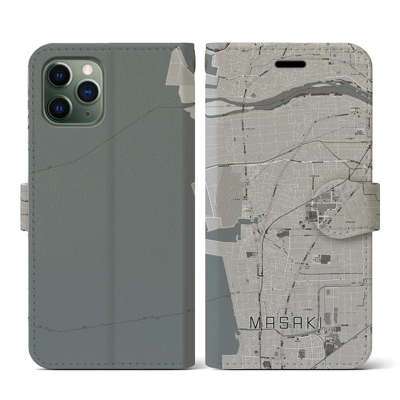 【松前(愛媛県)】地図柄iPhoneケース(手帳タイプ)モノトーン・iPhone 11 Pro 用